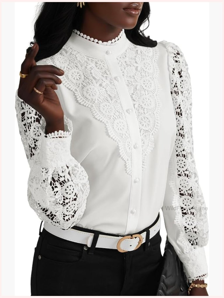 Elegant Lace Mock Neck Long Sleeve Blouse Button Down Work Top